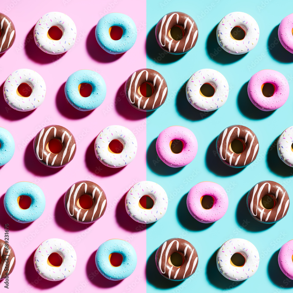 Fototapeta premium Exquisite Selection of Frosted Donuts on Half Pink, Half Blue Background