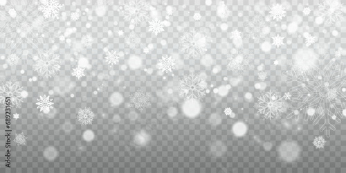 Falling snow on a transparent background. Vector illustration 10 EPS. Abstract snowflake background. Fall of snow.