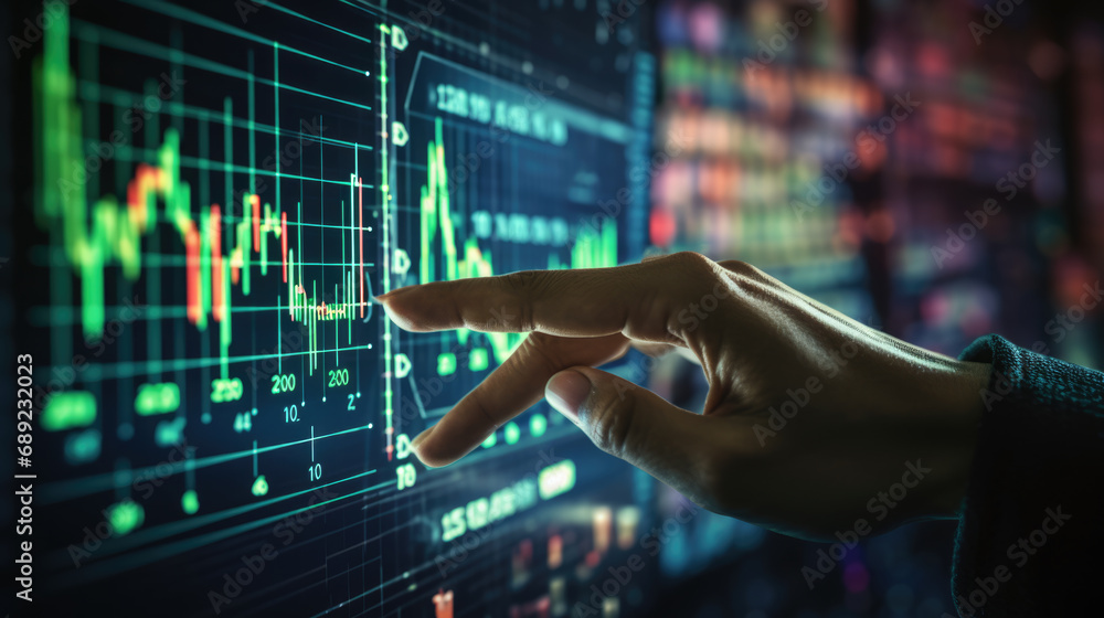 Close-up of a hand pointing to a digital financial chart on an interactive touchscreen