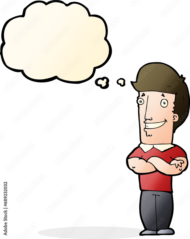 cartoon man with folded arms grinning with thought bubble cartoon man with folded arms grinning with thought bubble