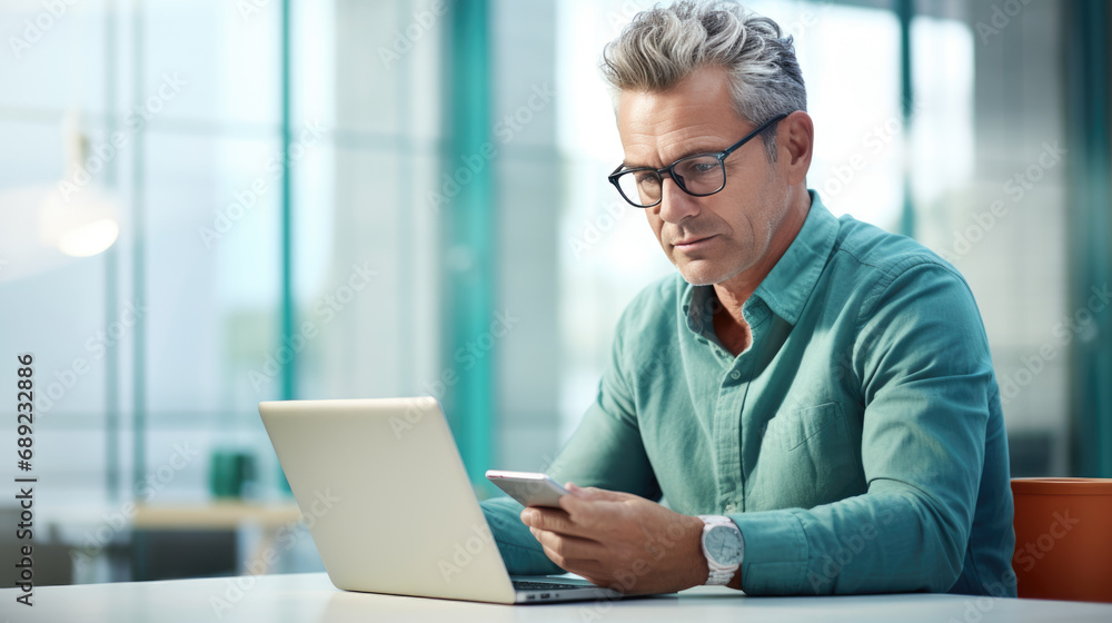 Fototapeta premium A male businessman works on a laptop in a modern office