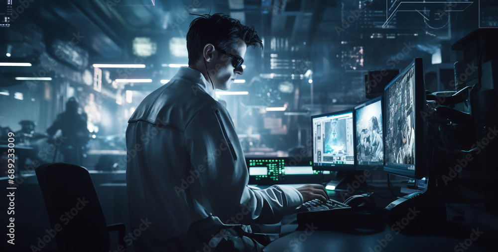 manager working in a computer at a office with cyberpunk, montage of people working in a laboratory manager working in a computer at a office with cyberpunk, montage of people working in a laboratory
