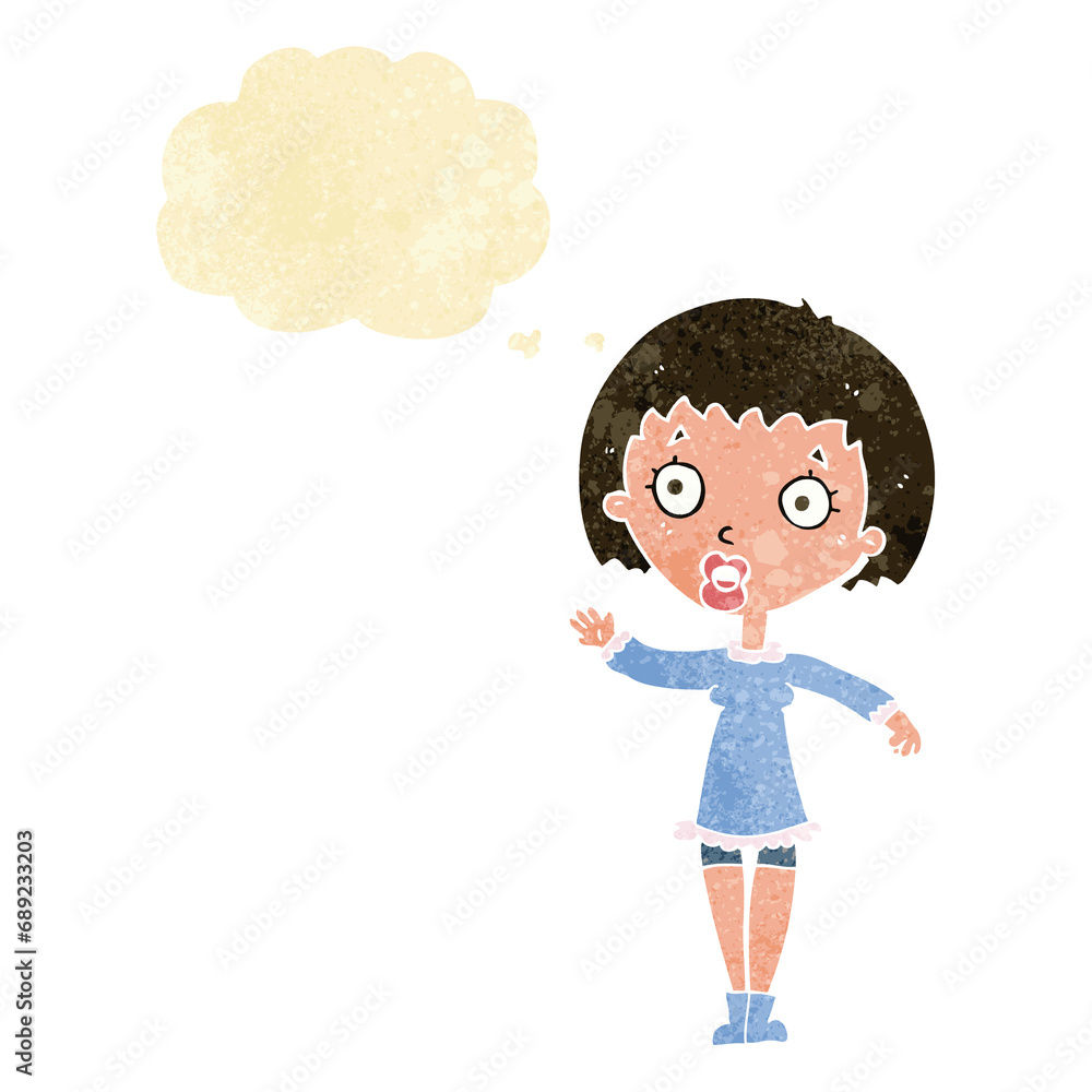 cartoon waving woman with thought bubble cartoon waving woman with thought bubble
