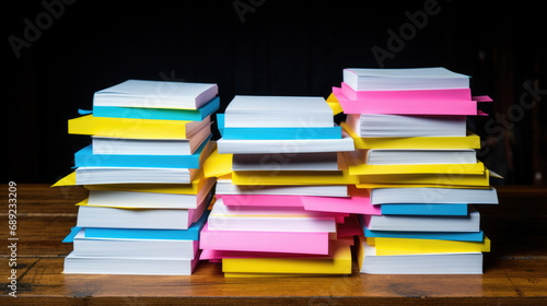 Stack of multi-colored folders and documents on a wooden office desk  indicating a substantial amount of paperwork.
