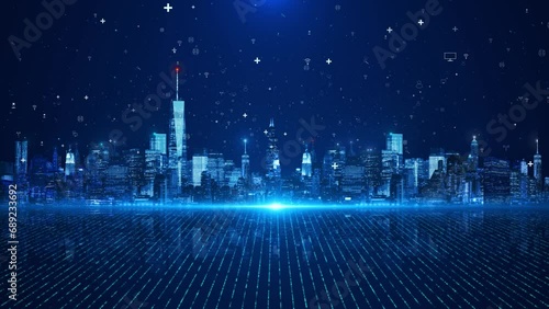 3D 4K Futuristic digital Smart city skyline. Big data, Artificial intelligence, Internet of things. cyberpunk and retro wave downtown cityscape at night. Worldwide metaverse photo