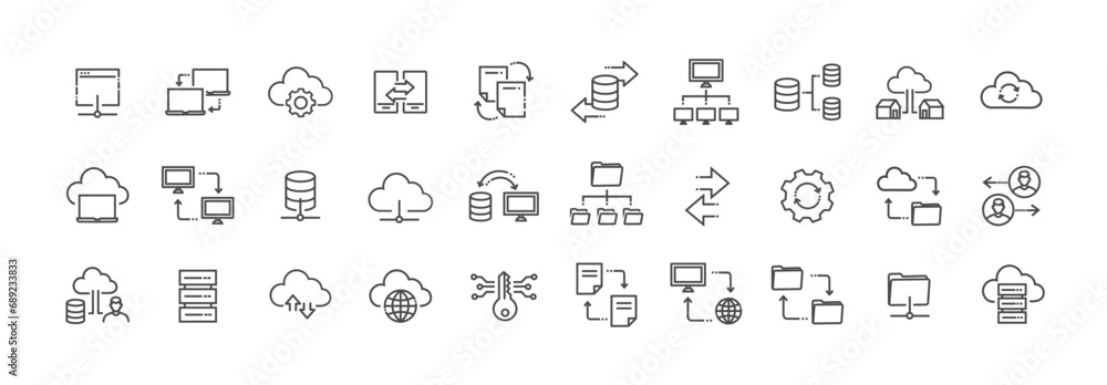 Data exchange icons. Data transfer and Network connection thin line icons. Online hosting service - obrazy, fototapety, plakaty 
