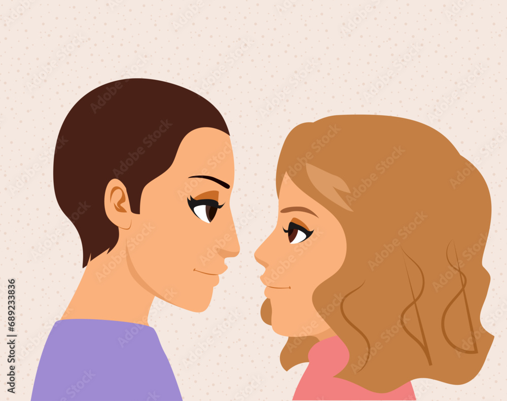Portrait of young women flirting with each other vector illustration. Lesbian couple on romantic date about to kiss. Concept of love, passion and homosexuality