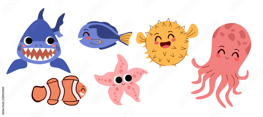 Naklejka premium Set collection of sea vector animals illustrations. Shark, octopus, starfish and colorful fishes childish drawings isolated on white background