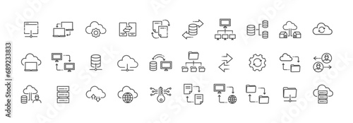 Data exchange icons. Data transfer and Network connection thin line icons. Online hosting service