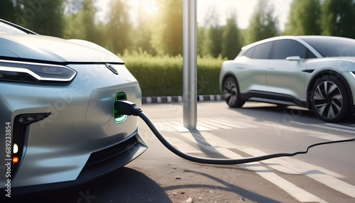 Car charging at environmentally friendly power station outdoors. electric car charging station created with generative ai