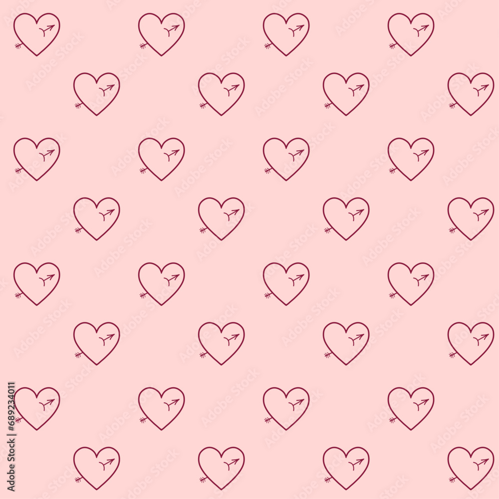 Seamless pink pattern with a heart pierced by an arrow. A broken heart