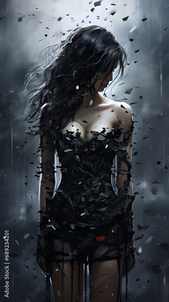 girl going through a breakup, upset brunette girl face covered with hair on a dark background during the rain