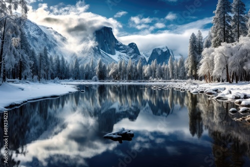 a lake surrounded by snow covered mountains and trees © pngking