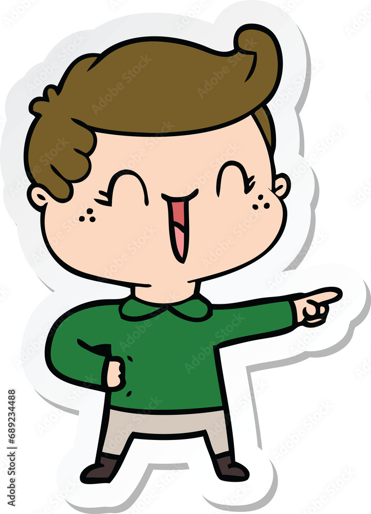 sticker of a cartoon laughing boy pointing