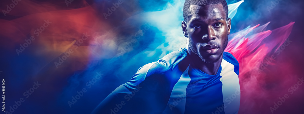 athlete with french flag colors on background at paris 2024 olympics, banner with copy space athlete with french flag colors on background at paris 2024 olympics, banner with copy space