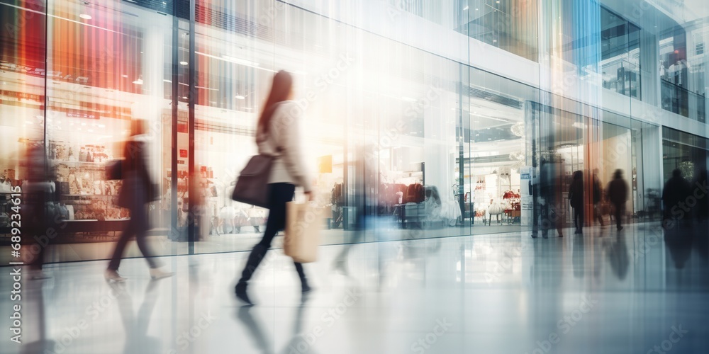 Generative AI, shopping mall with people, motion blur, blurred abstract background Generative AI, shopping mall with people, motion blur, blurred abstract background