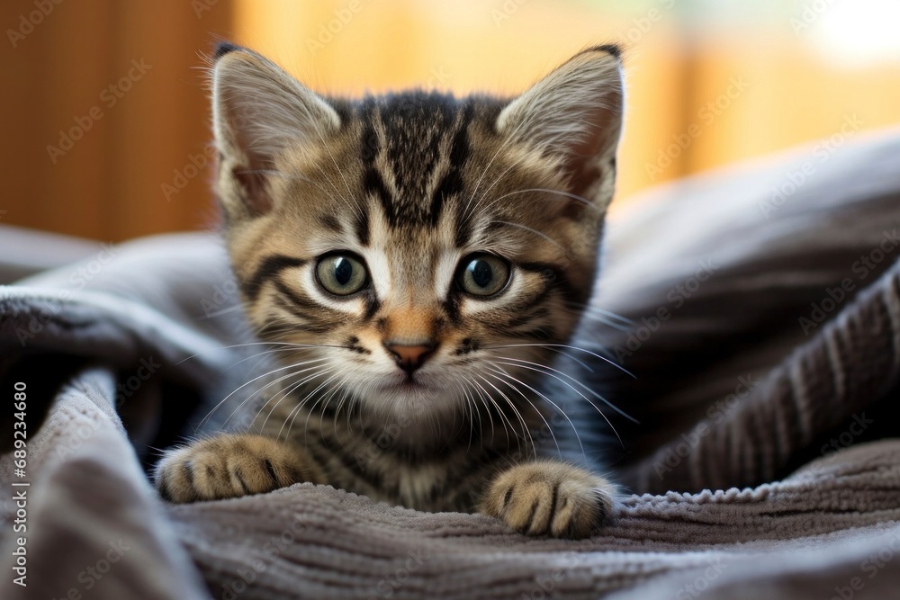 Cute portrait of a little tabby kitten in a blanket. Charming big-eyed baby cat looks out of the blanket with curiosity