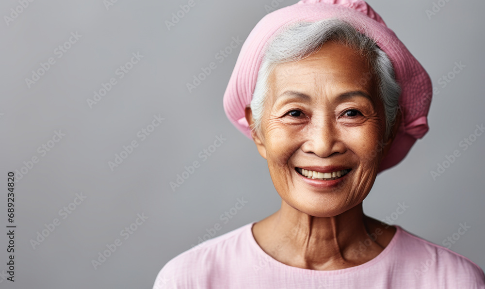Radiant Asian senior woman with stylish short white hair and a captivating smile, wearing a light pink top on a soft grey background Radiant Asian senior woman with stylish short white hair and a captivating smile, wearing a light pink top on a soft grey background