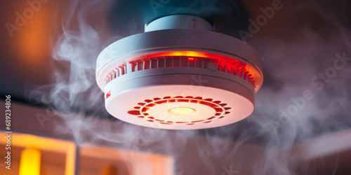 Active Smoke Detector on Ceiling with Red Warning Light in Hazy Room Indicating Potential Fire Hazard and Safety Measures in Place photo