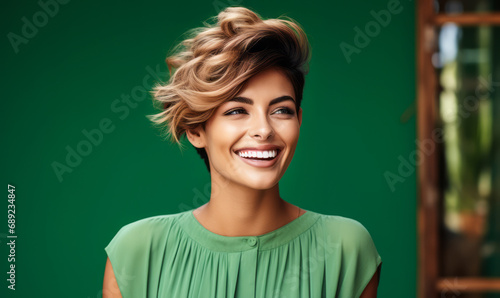 Charming and cheerful woman with a pixie haircut in a green blouse on a matching background, smiling brightly showcasing her modern style and happiness