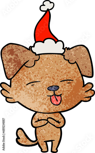 hand drawn textured cartoon of a dog sticking out tongue wearing santa hat