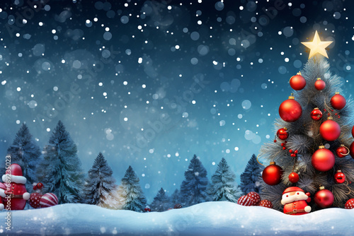 Christmas tree with christmas balls, surrounded with snow and christmas decorations. Christmas background