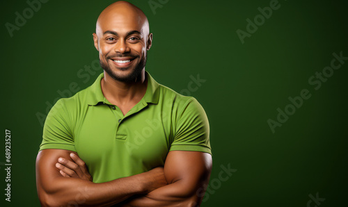 Confident African American man with a vibrant smile and crossed arms wearing a lime green polo shirt against a matching green background photo