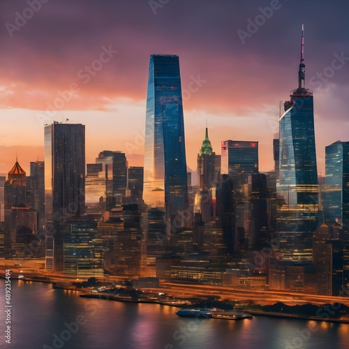 City Skylines Images showcasing the panoramic view of a city skyline, capturing the towering buildings, lights, and urban atmosphere