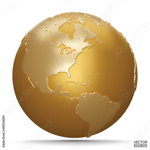 3D gold Earth Globes with shadow on white background. Golden Modern world map. World planet. Travel around the world, Earth Day, or environment conservation concept. 3D vector illustration.