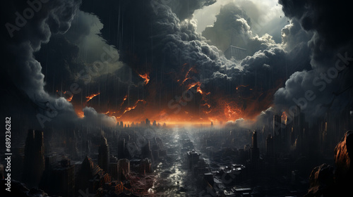 A post-apocalyptic ruined city with burnt-out buildings in smoke clouds.