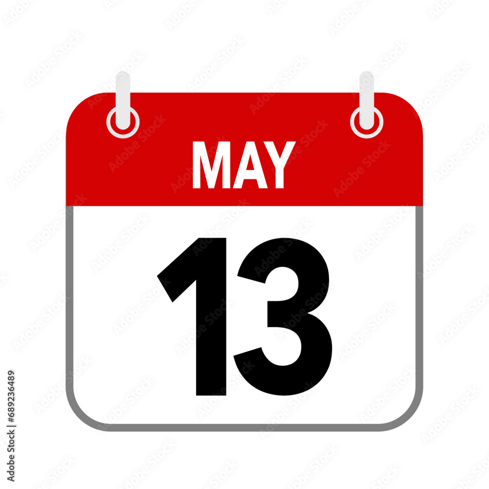 13 May, calendar date icon on white background. 13 May, calendar date icon on white background.
