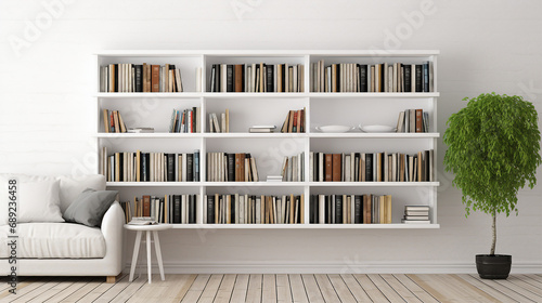 Cozy Home Library: White Wooden Bookcase Filled with Books - Stylish Interior Design for a Relaxing Reading Space in a Modern, Organized Living Room