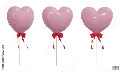 Set of realistic pink heart balloons with red rbbon isolated on background. Helium pink heart balloons clipart for anniversary, birthday, wedding, Christmas, card  party. 3D vector illustration