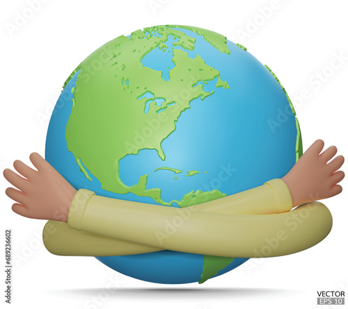 Happy Earth Day. Hands hug planet Earth. Concept of World Environment Day, Save the Earth, Protect environmental and eco-green life. 3D vector cartoon illustration.