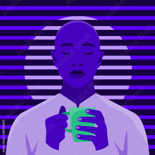 A sleepy and tired African man is holding a cup of coffee at night. Insomnia. An overworked freelancer. Vector flat illustration