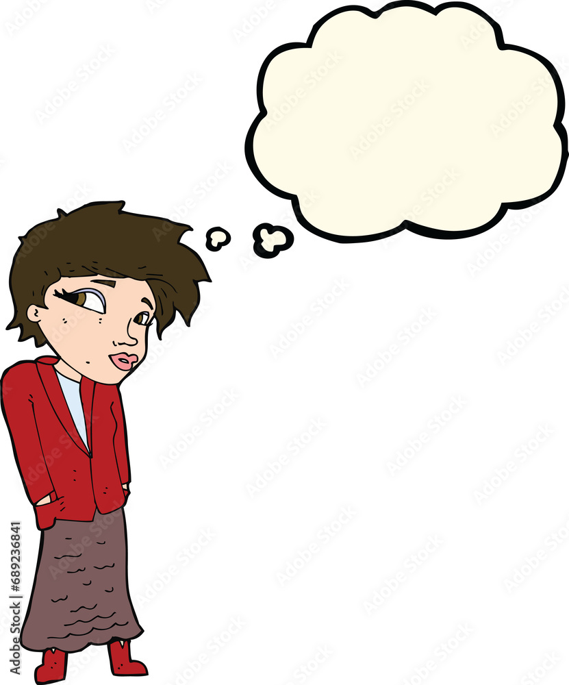 cartoon woman with hands in pockets with thought bubble cartoon woman with hands in pockets with thought bubble