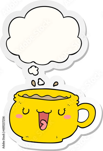 cute cartoon coffee cup with thought bubble as a printed sticker