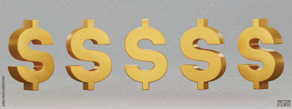Set of gold US dollar currency symbol isolated on gray background. Golden dollar sign. 3D signs money currency sign. 3D vector Illustration. Set of gold US dollar currency symbol isolated on gray background. Golden dollar sign. 3D signs money currency sign. 3D vector Illustration.