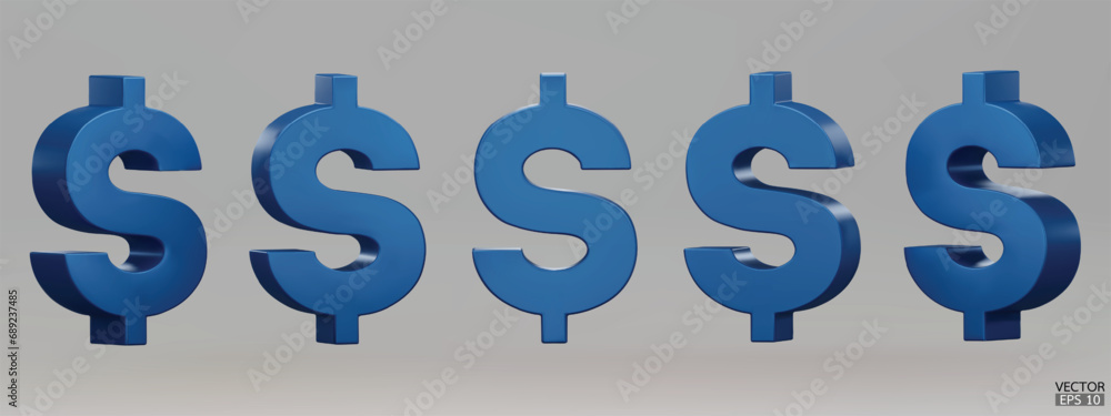 Set of blue US dollar currency symbol isolated on gray background. Blue dollar sign. 3D signs money currency sign. 3D vector Illustration. Set of blue US dollar currency symbol isolated on gray background. Blue dollar sign. 3D signs money currency sign. 3D vector Illustration.