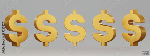 Set of gold US dollar currency symbol isolated on gray background. Golden dollar sign. 3D signs money currency sign. 3D vector Illustration.