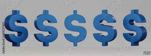 Set of blue US dollar currency symbol isolated on gray background. Blue dollar sign. 3D signs money currency sign. 3D vector Illustration.