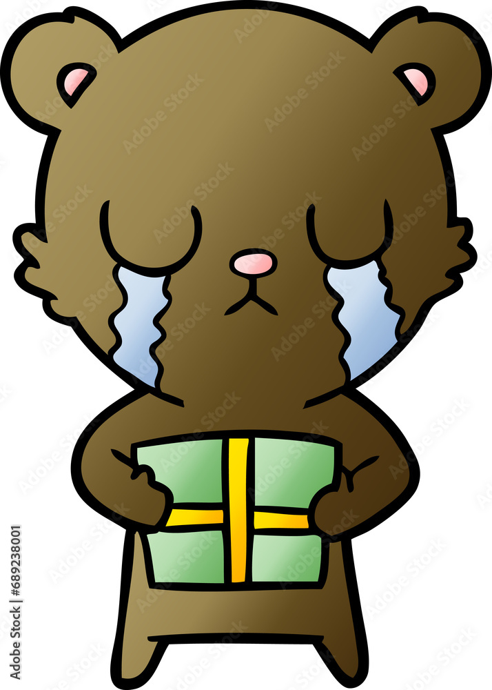 crying cartoon bear with present crying cartoon bear with present