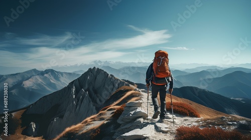A hiker climbing towards the summit during a mountain trek. generative AI