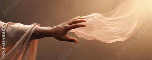 outstretched hand emitting light, banner with copy space, concept of help, hope