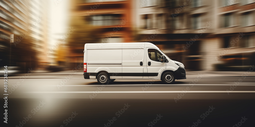 White delivery van on the road in motion blur