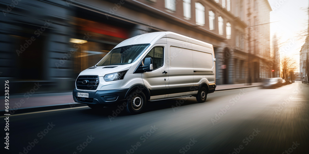 White delivery van on the road with motion blur - obrazy, fototapety, plakaty 