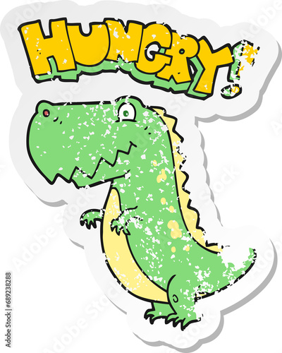 retro distressed sticker of a cartoon hungry dinosaur