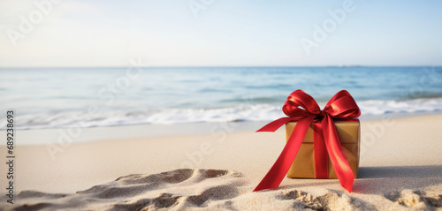 A gift on the beach, contrasting the blue ocean with its vibrant red bow.