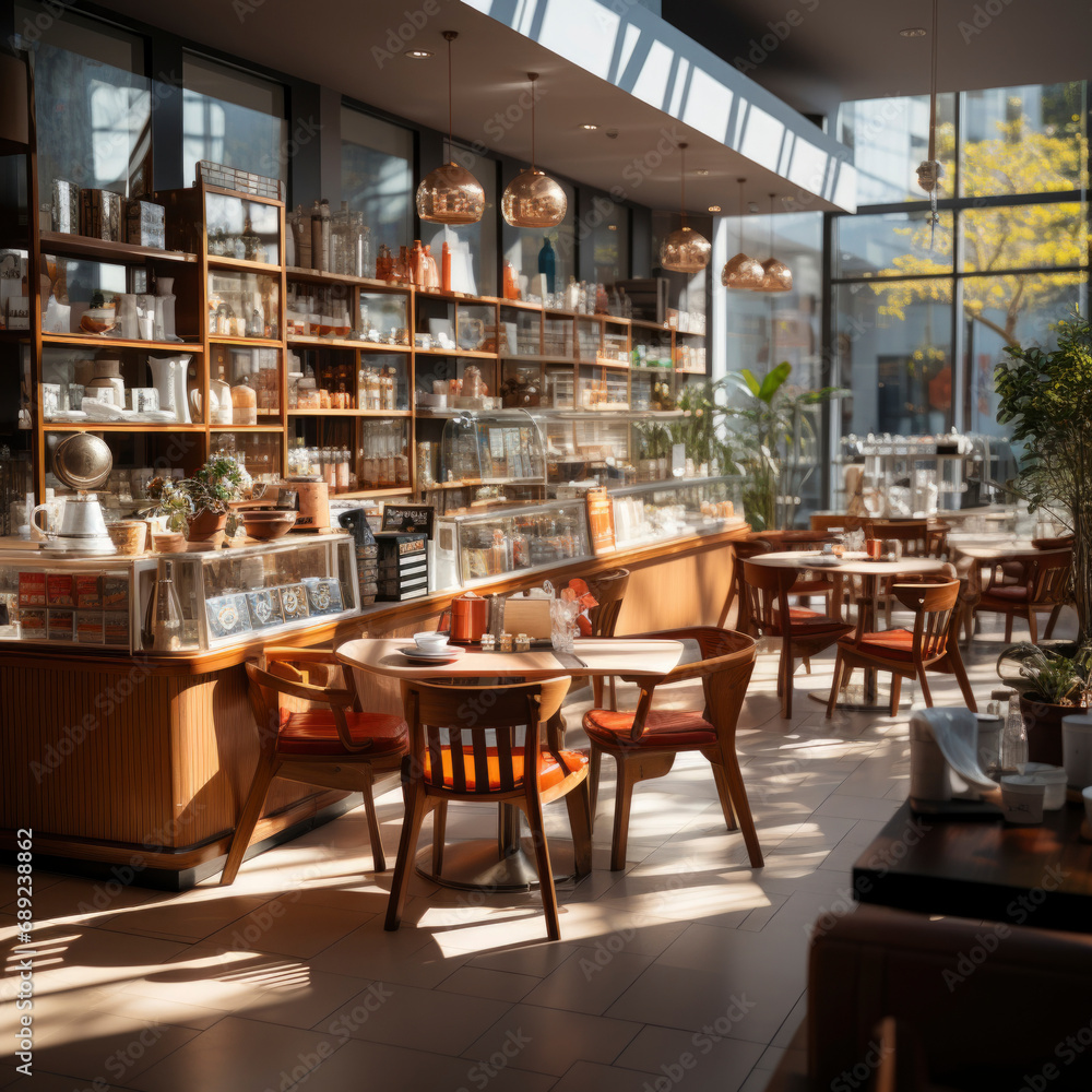 Third place style. cafe in bookstore. Hobby , learning and creative concept. room with large windows, tables , chairs and shelves with books. square Third place style. cafe in bookstore. Hobby , learning and creative concept. room with large windows, tables , chairs and shelves with books. square
