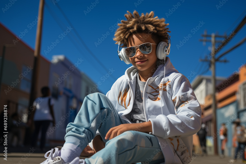 Modern black teenager sitting on an urban street listening to music on headphones